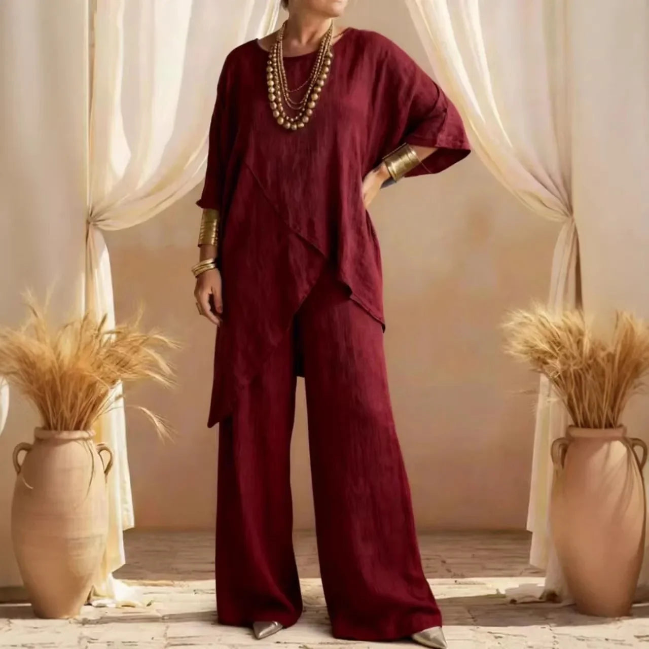 2026 Fashion Loose Women's Matching Sets Casual Half Sleeve Loose Tops And Wide Leg Pants 2 Piece Outfits Woman