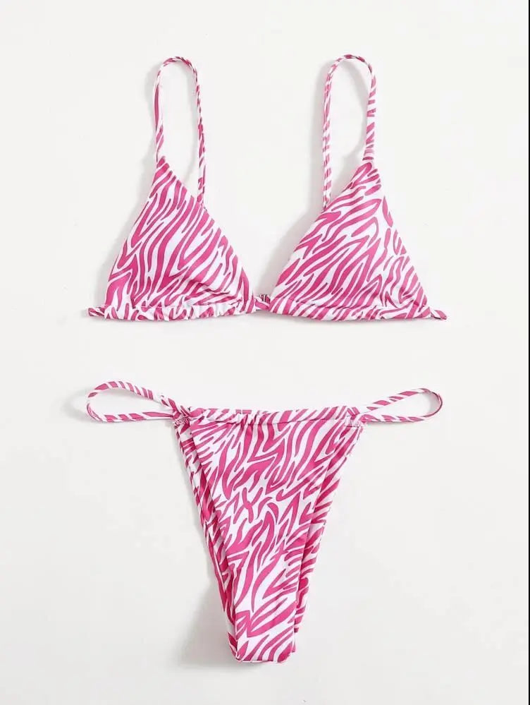 Sexy Triangle Split Swimsuit Striped Print Drawstring Women's Bikini Swimsuit