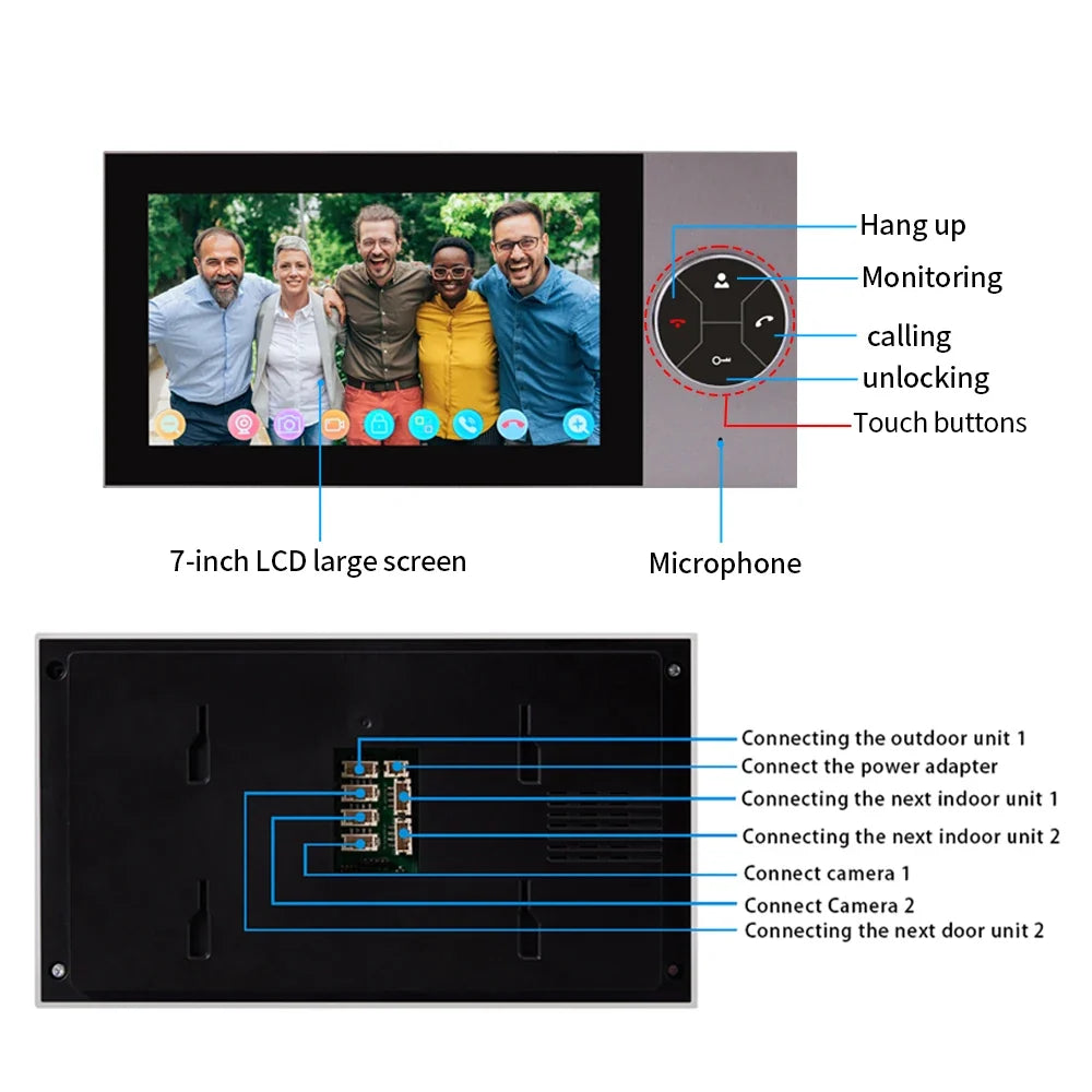 Wifi Wired Smart Home Video Door Intercom System 7" Color Screen Monitor AHD 1080P Doorbell Tuya App Remote Unlock
