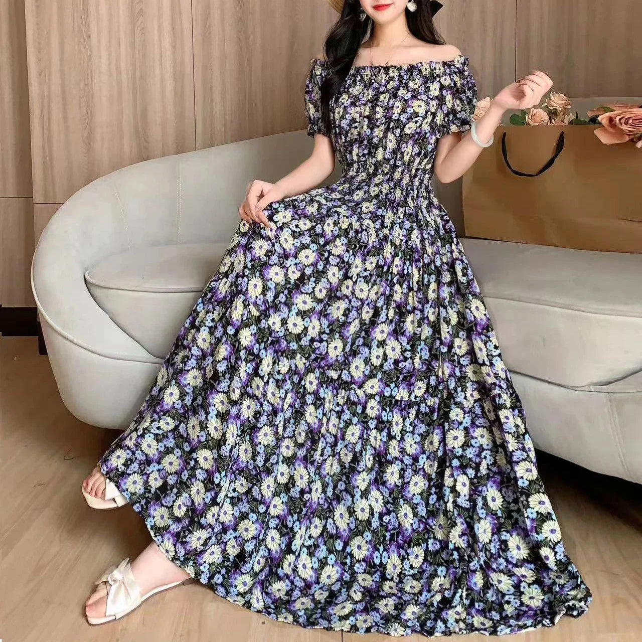 Vintage Bohemian Beach Floral Midi Dress Korean Reviews Many Dress Off Shoulder Elastic Waist Large Swing Women's Elegant Dress
