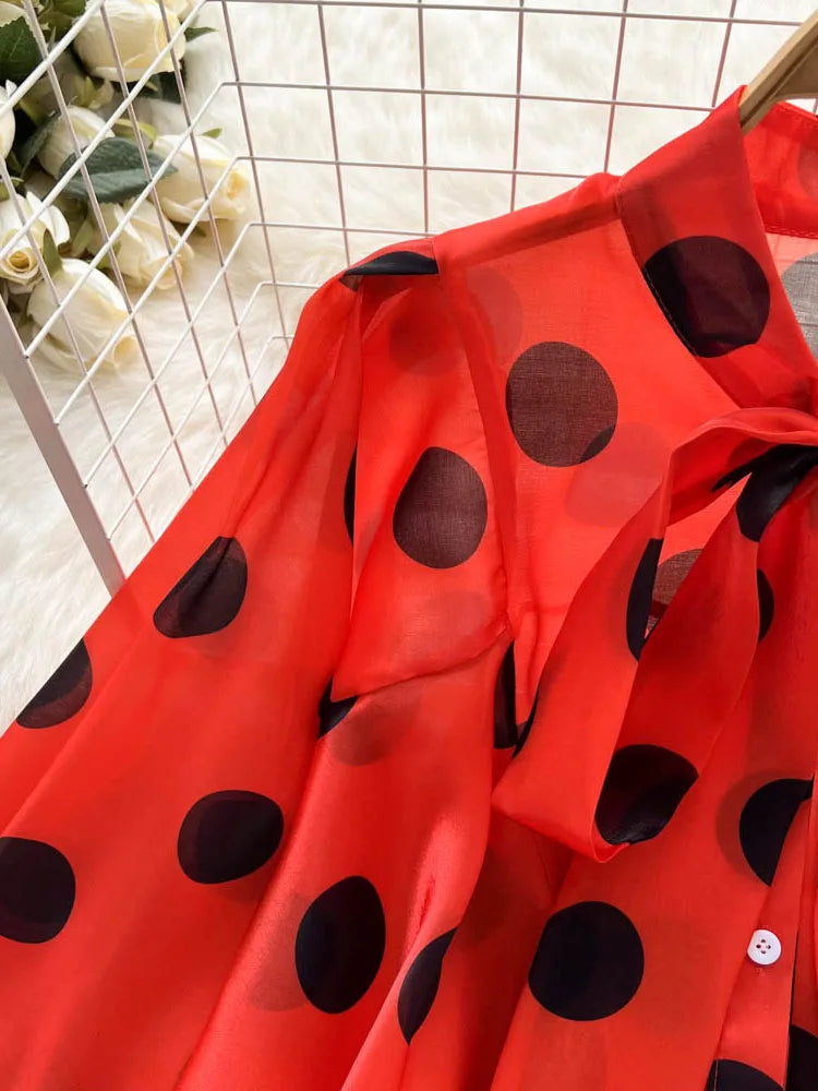 2023 Women's Spring Summer New All-match Chiffon Shirt Bow Tie Long-sleeved Polka Dot Western-style Top Blouse D999