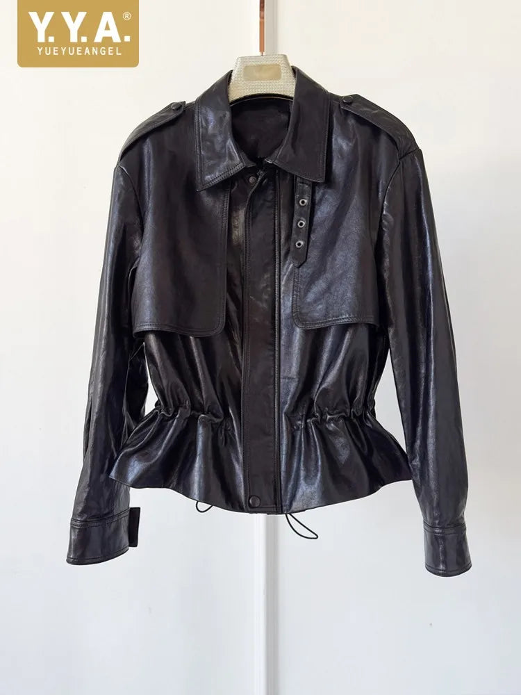 High Quality Chic Ladies Genuine Leather Short Jacket Zipper Turndown Collar Women Retro Oil Wax Sheepskin Jackets Casual Coat
