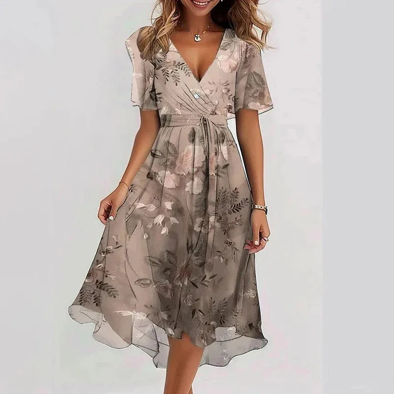 Elegant Sexy V Neck Floral Chiffon Mini Skirt Ladie Summer High-waisted Short Sleeve A-Line Bohemian Dress Evening Dress
