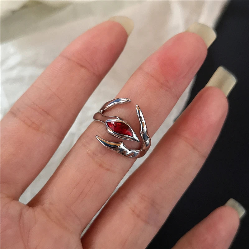 Goth Punk Vintage Red Crystal Love Heart Cross Geometry Irregular Open Ring Set Y2K Halloween Accessories For Women Kpop Jewelry