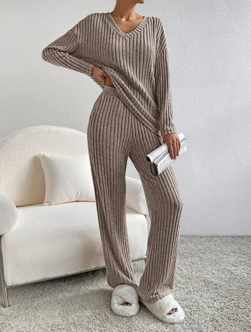 Two-piece Set Female 2024 Fall New Fashion Casual Straight Pants Temperament Loose V-neck Pit-stripe Knitting Women's Clothes