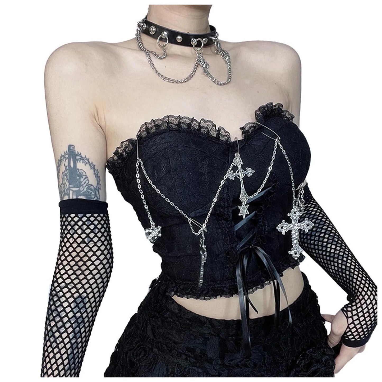 Gothic Cross Chain Crop Tube Top Women's Harajuku Lace Trim Strapless Tank Tops Y2K Clothes Punk E Girl Hippie Party Grunge Tops