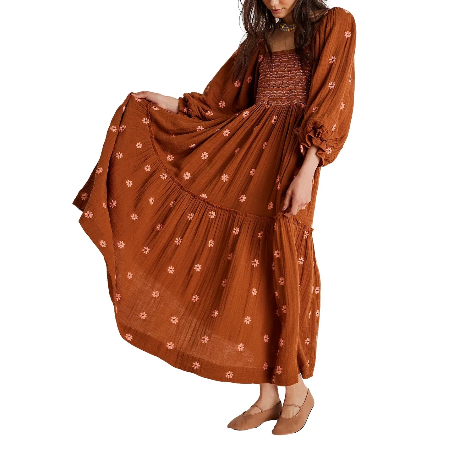 Casual Ladies Floral Print 3/4 Sleeve Loose Dress Summer Square Neck Long Dress Bohemian Women's A-Line Sundress 2023 Streetwear