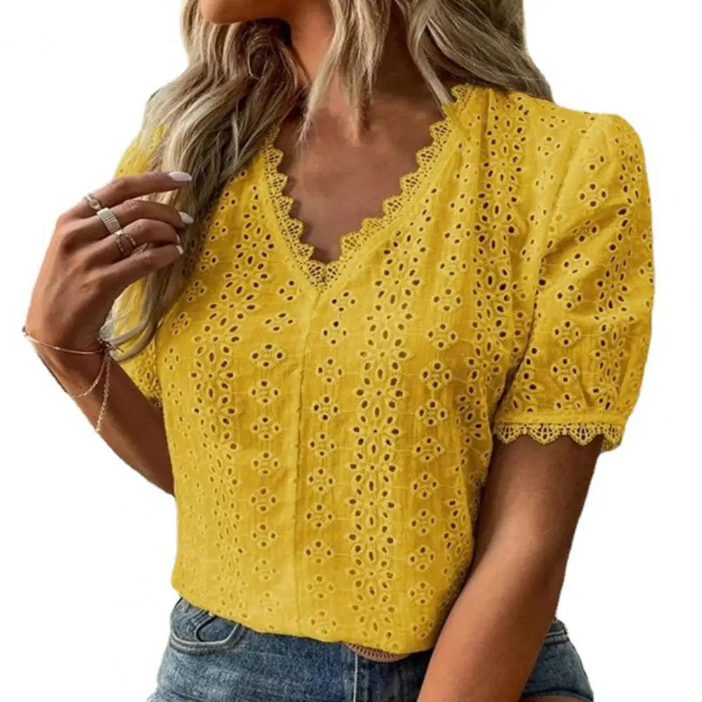 Elegant Women's Casual White Lace Shirt Blouses Office Summer Ruffles Short Sleeve Shirts For Women Hollow Out Simple Top Female