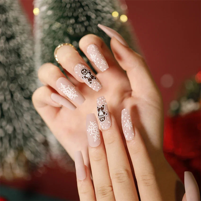 24Pcs/Set American Almond Christmas Wearing False Nails Full Coverage Press on Nails Removable Adhesive Acrylic Fake Nails Tips