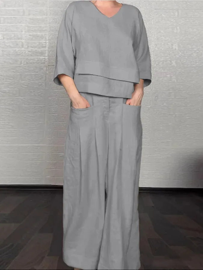 Casual Loose Irregular Cotton Linen Women's Top Set Spring Summer New Fashion Pocket Wide-leg Pants For Women Office 2-piece Set