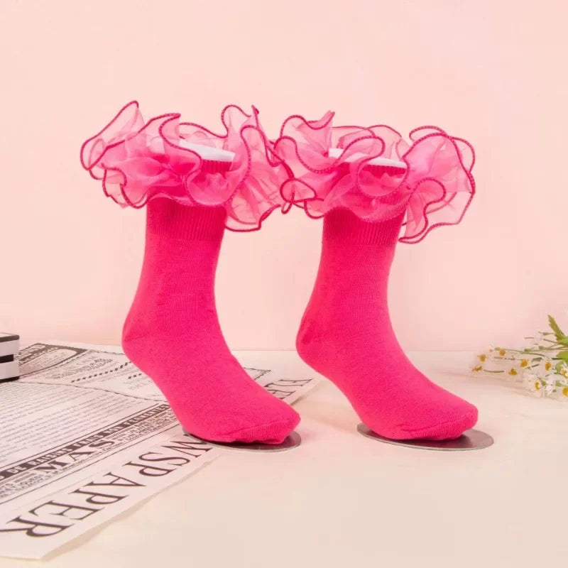 1 Pair Girls' Puffy Lace Socks Children's Combed Cotton Lace Lace Socks Baby Girl Skirt Accessories Solid Color Socks