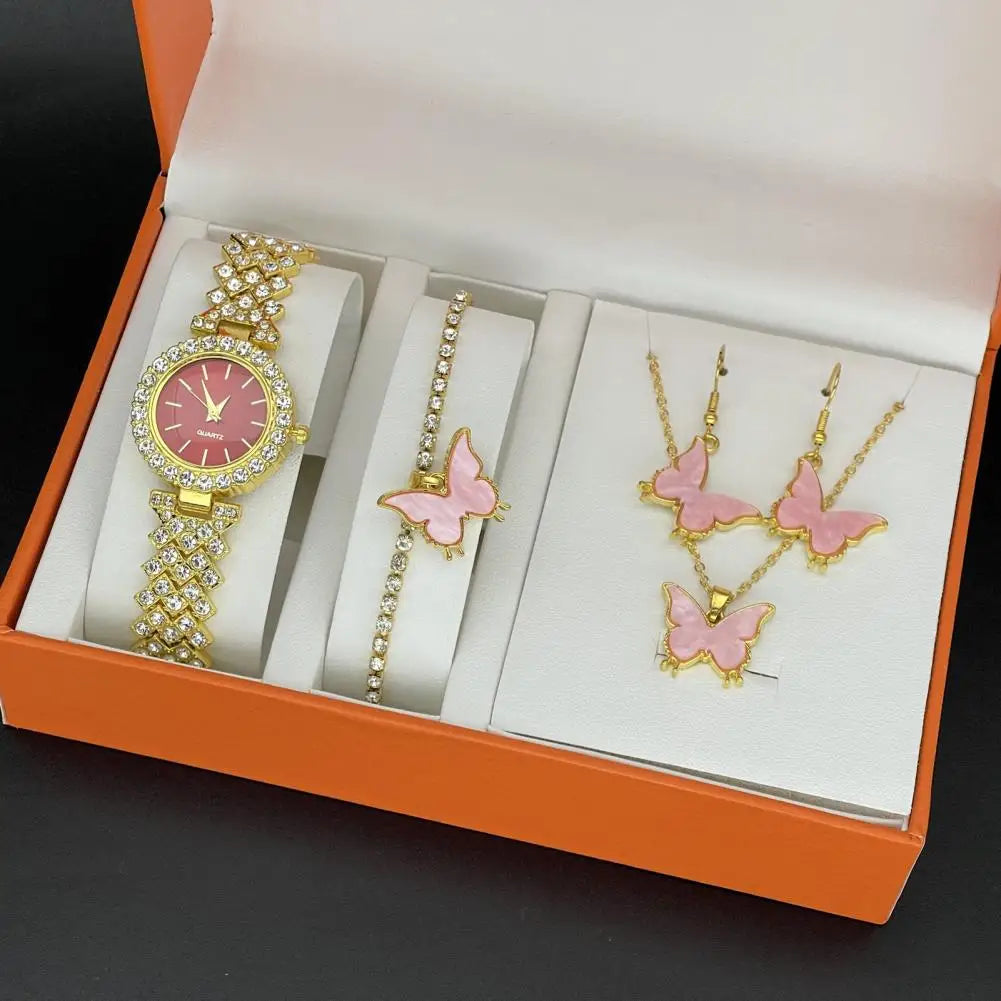 1 Set Women Jewelry Set with Gift Box Complete Collection of Quartz Watch Necklace Bracelet Ring Earring Set Golden Jewelry Gift