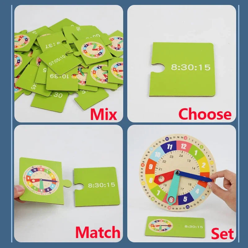 Wooden Clock Model Teaching Aid Montessori Learning Clocks with Cards Kindergartner Toy for Game Interaction Playroom Wall