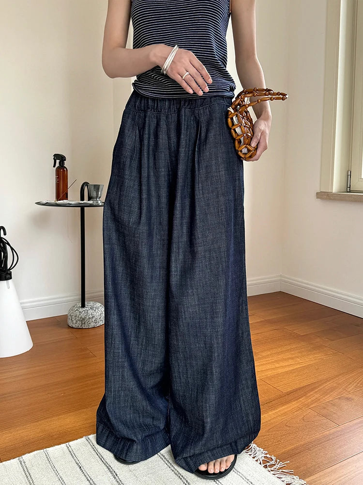 [LANMREM] Vintage Elastic High Waist Jeans For Women Straight Wide Leg Denim Pants Sunscreen Trousers 2024 Summer New 26D9421