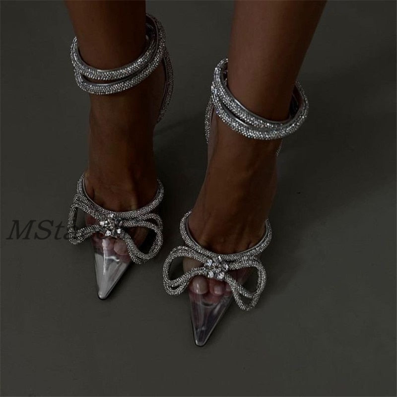 Glitter Rhinestones Women Pumps Crystal Bowknot Satin Sandals 2022 Summer Transparent Shoes High Heels Party Prom Designer Shoes