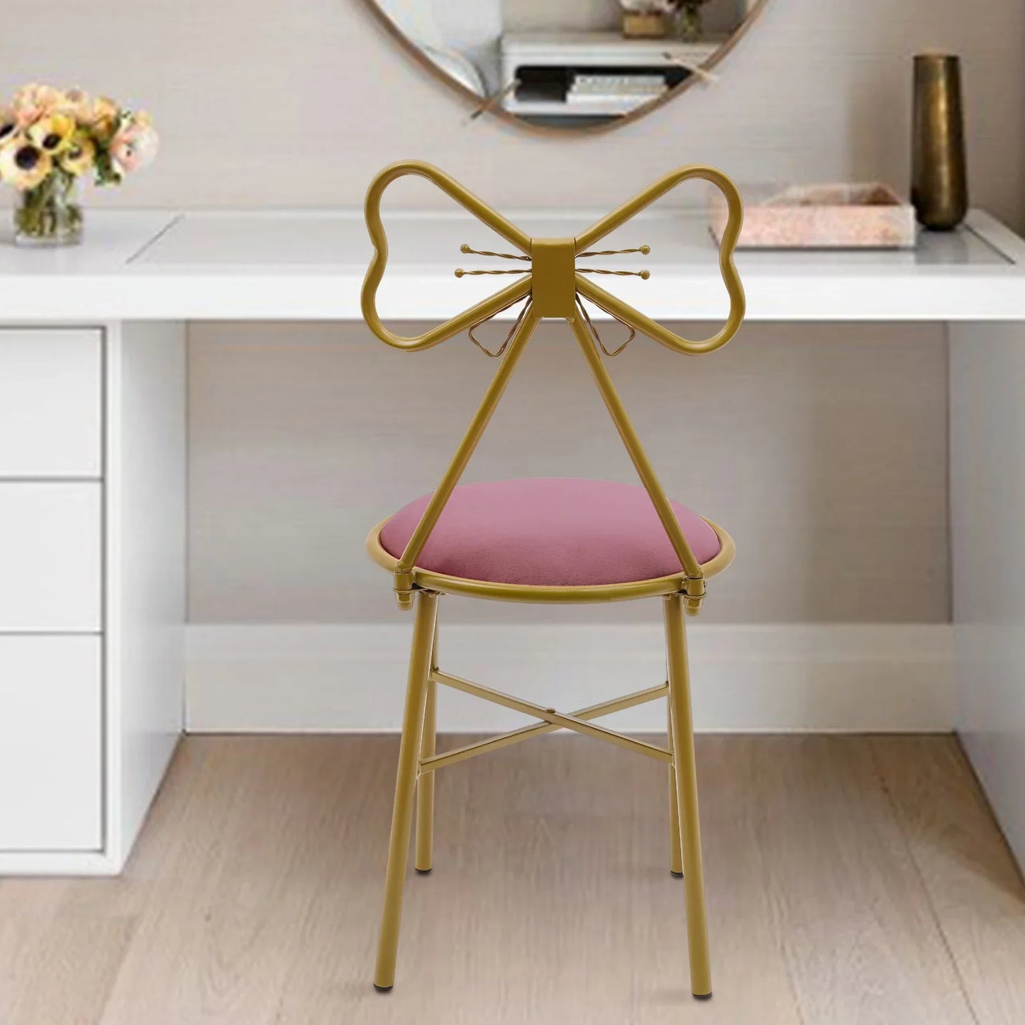 Bymaocar Deep Pink Makeup and Dressing Chair Weighing 220.46 Pounds with Bow Shaped Backrest for Restaurants,Nail Salons&Parties