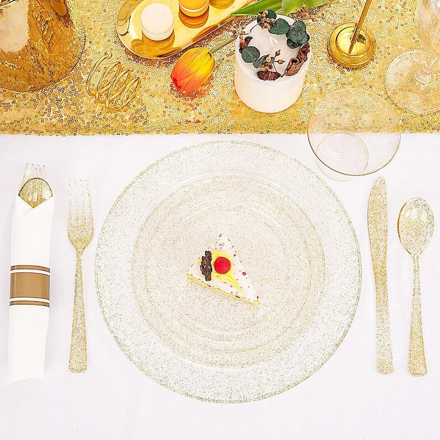 112Pcs Gold Glitter Plastic Plates  Disposable 16 Dessert Plates 16 Din