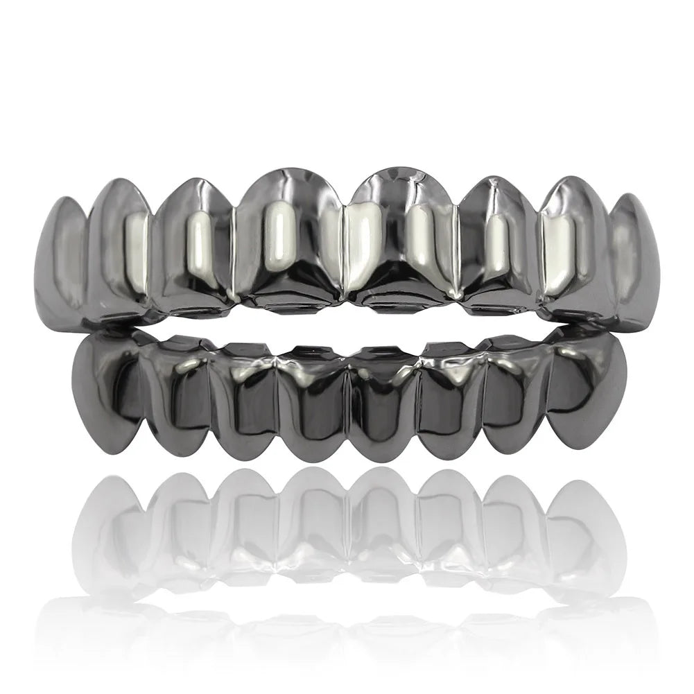YOUNGX Top Bottom Smooth Black Color Teeth Grillz Braces Hip Hop Glossy Tooth Caps For Women Men Jewelry Wearable Dental Grills