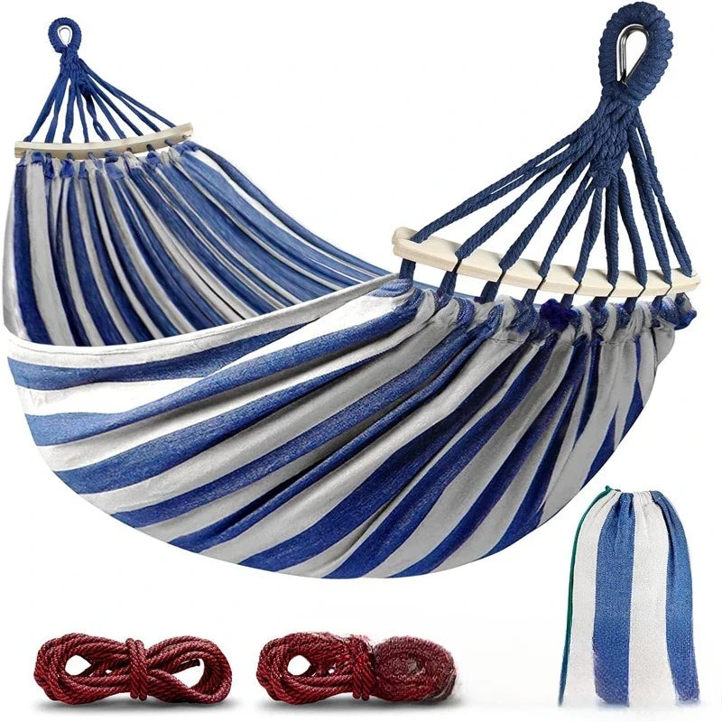 Outdoor Camping Double Canvas Hammock Wooden Curved Stick Anti Tip Swing Hammock Portable Garden Leisure Hammock