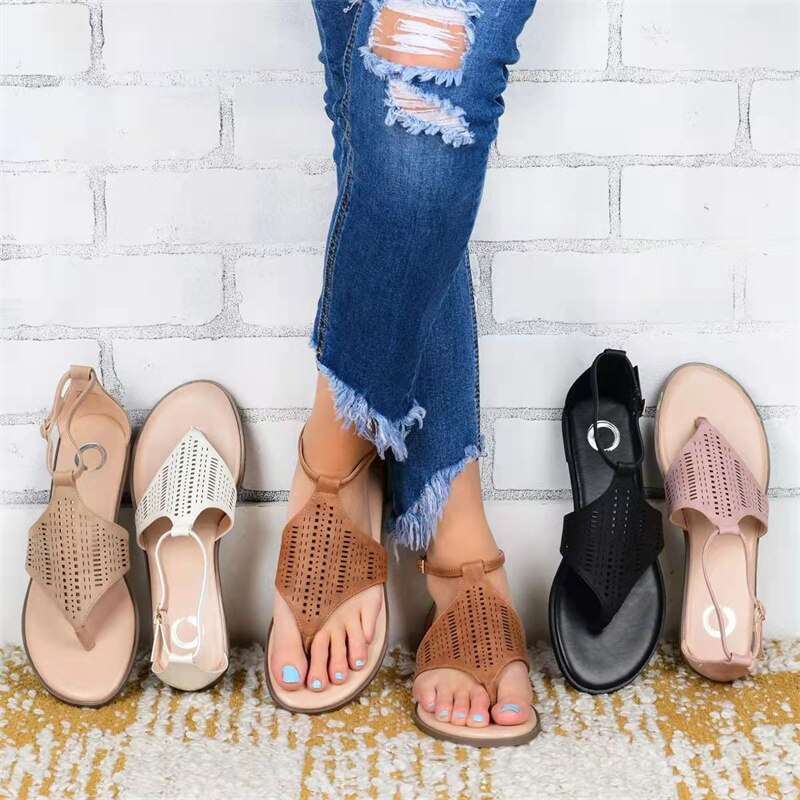 Summer New Open Toe Sandals Sexy Hollow Flats Retro Buckle Casual Flip-Flops Gladiator Sandalias De Mujer Plus Size 35~43