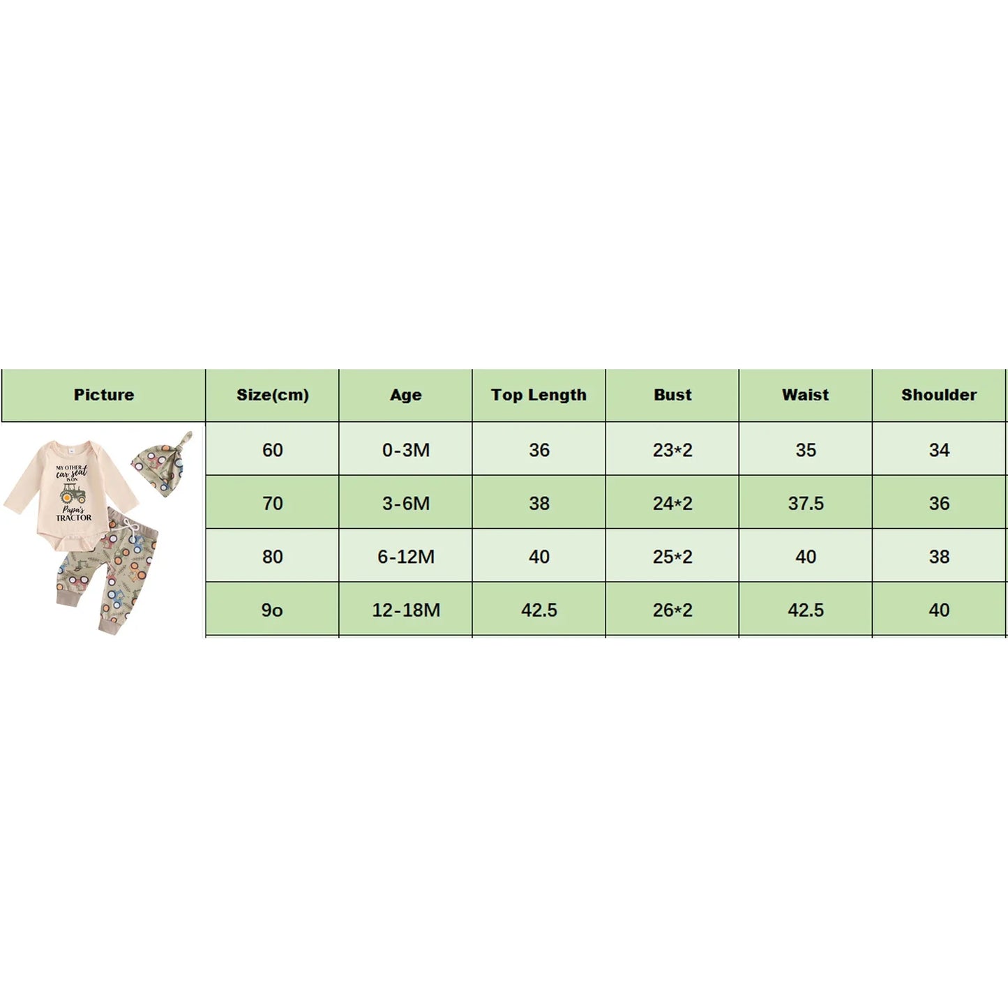 2024-06-01 Lioraitiin 0-18M Baby Boy Fall Outfit Letter Print Long Sleeve Romper and Tractor Print Pants Hat Spring 3 Piece Set