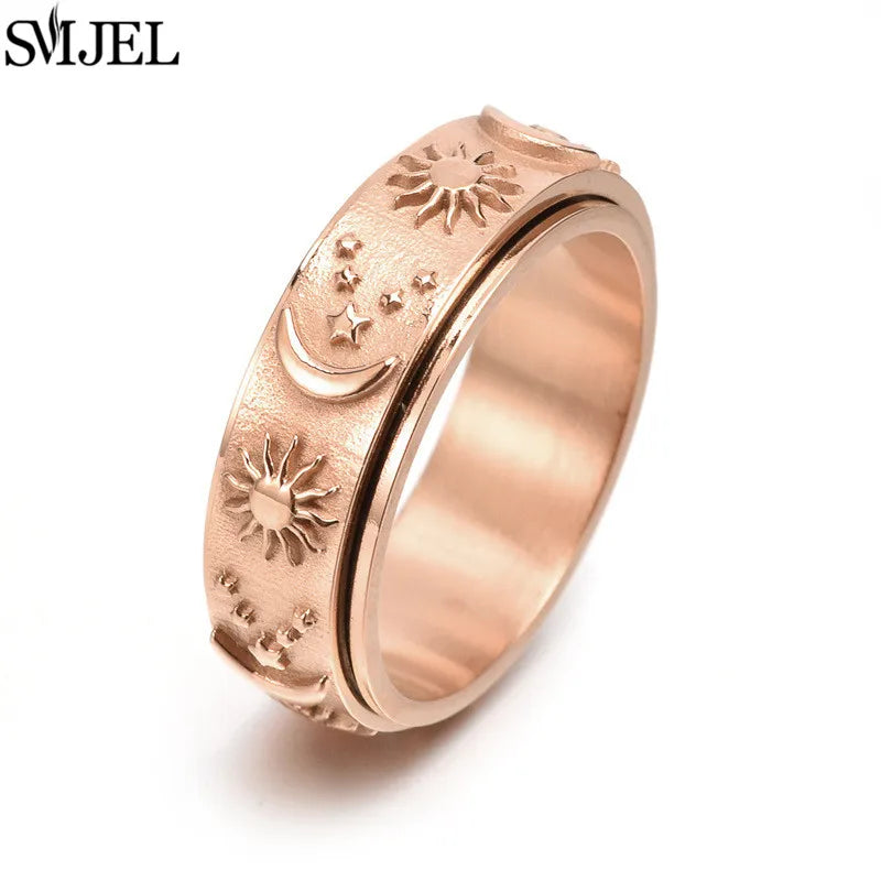 Anti Stress Anxiety Relaxing Ring Retro Star Moon Stainless Steel Fidget Spinner Rings for Couple Jewelry Anillos De Hombres
