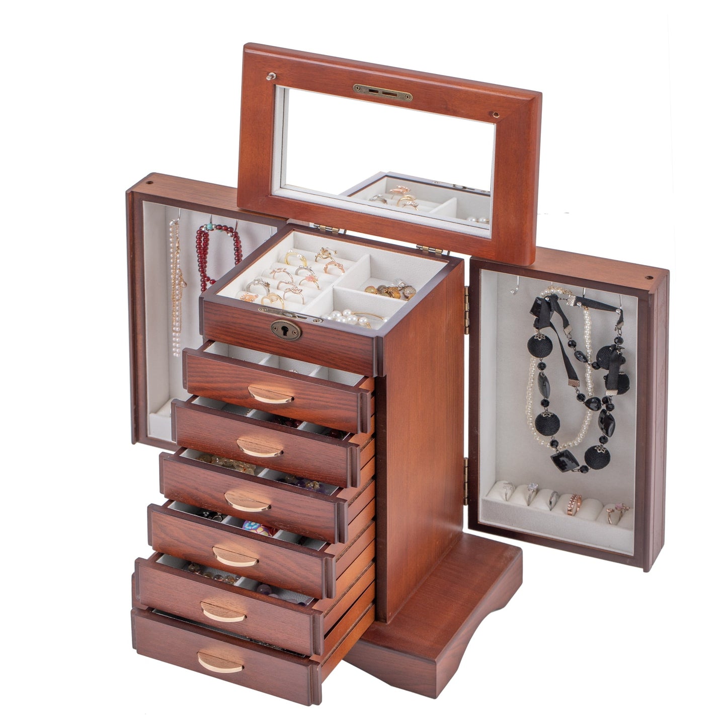 ROWLING Fashion Large Classic Wooden Storage Boxes&amp;Bins Luxury Jewellery Box Earring Bracelets Organizer 6 Drawers Mirror MG010