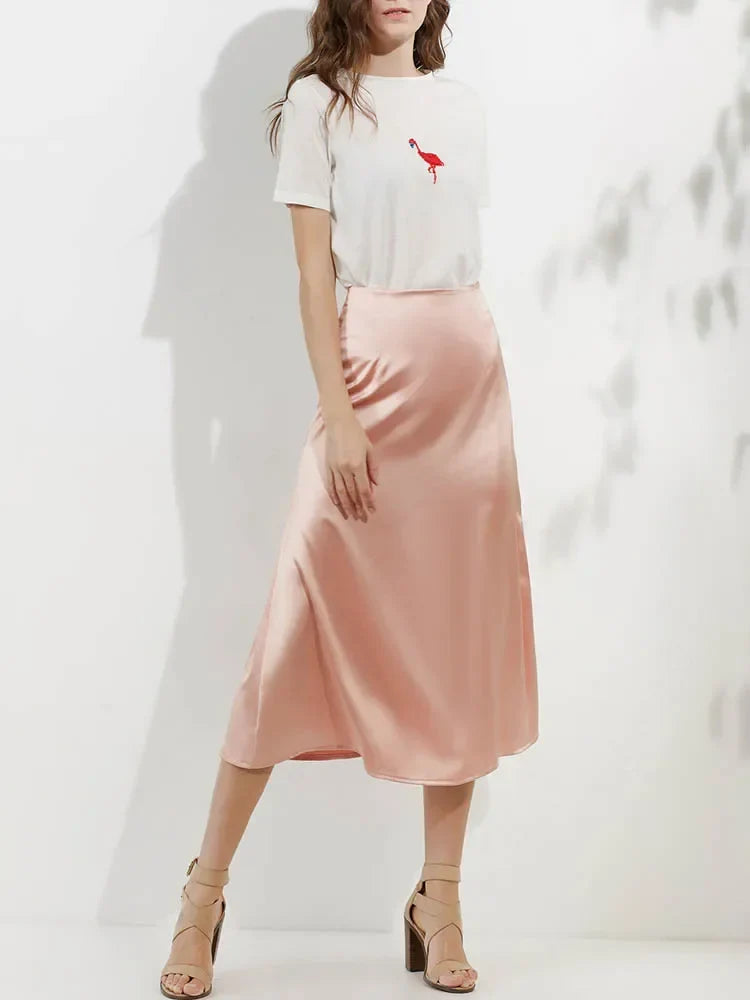 Elegant Women's Skirts Korean Fashion Satin Silk A-line Skirt Office Black Champagne Long Summer Skirts Woman Fashion 2024