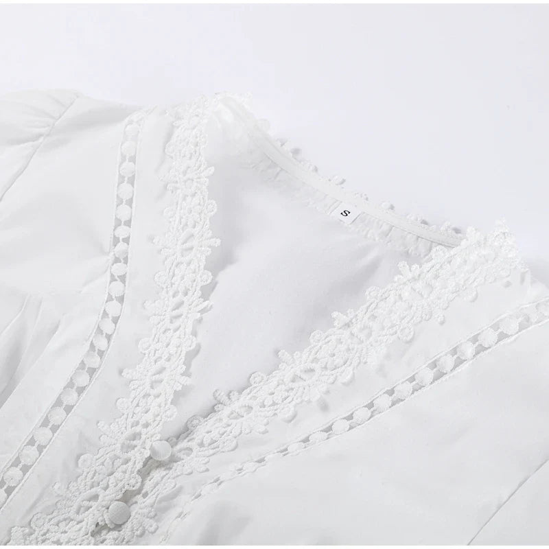 Elegant Lace Hollow Out Women's Long Dress Solid V-neck Patchwork Puff Sleeve Bodycon Dressess Female 2025 Spring New Lady Robes
