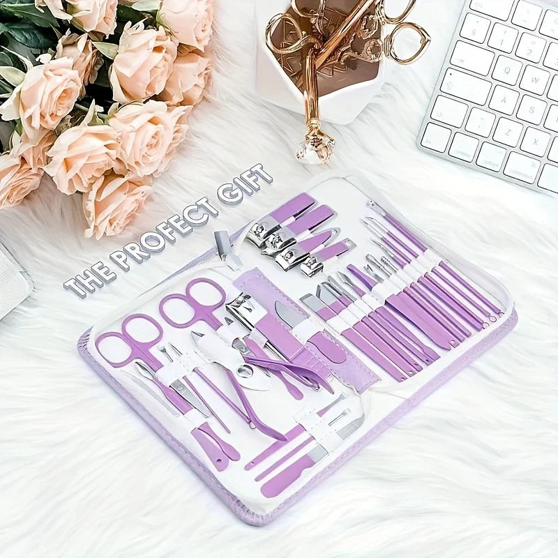 30 Pcs Manicure Set Professional Nail Clipper Set Stainless Steel Solid Manicure Kit Nail Care Kit With Pink Case Valentine