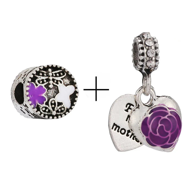 BRACE CODE 2Pcs/Lot Pan Spring New Purple Charm Love Floral Diy Beads Pendant Making Men's Women's Children's Fine Bracelets