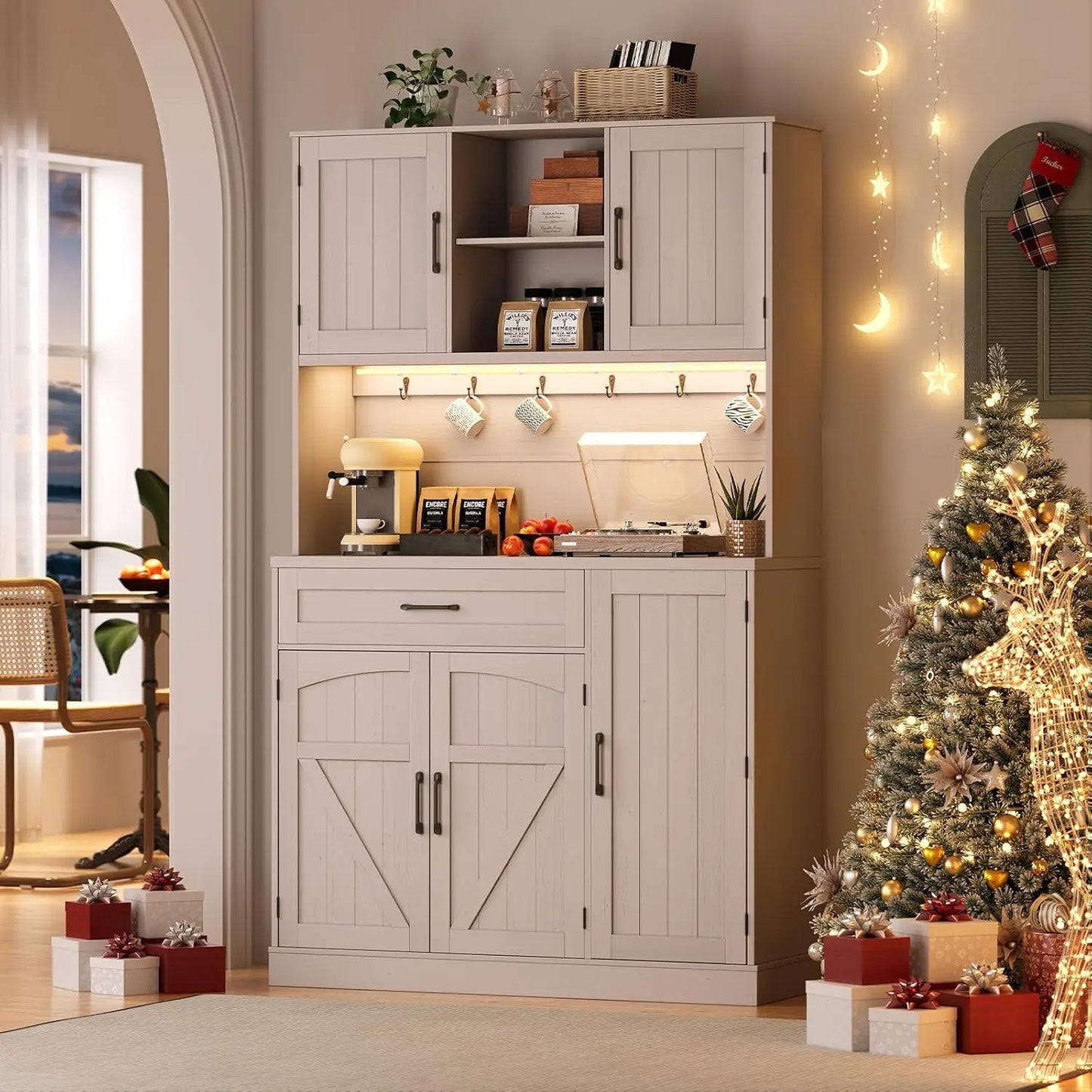 71" Kitchen Pantry Cabinet w/ LED Light & Outlet - Hutch w/Microwave Shelf, 6 Hooks, Door Storage, Drawer & Shelves.