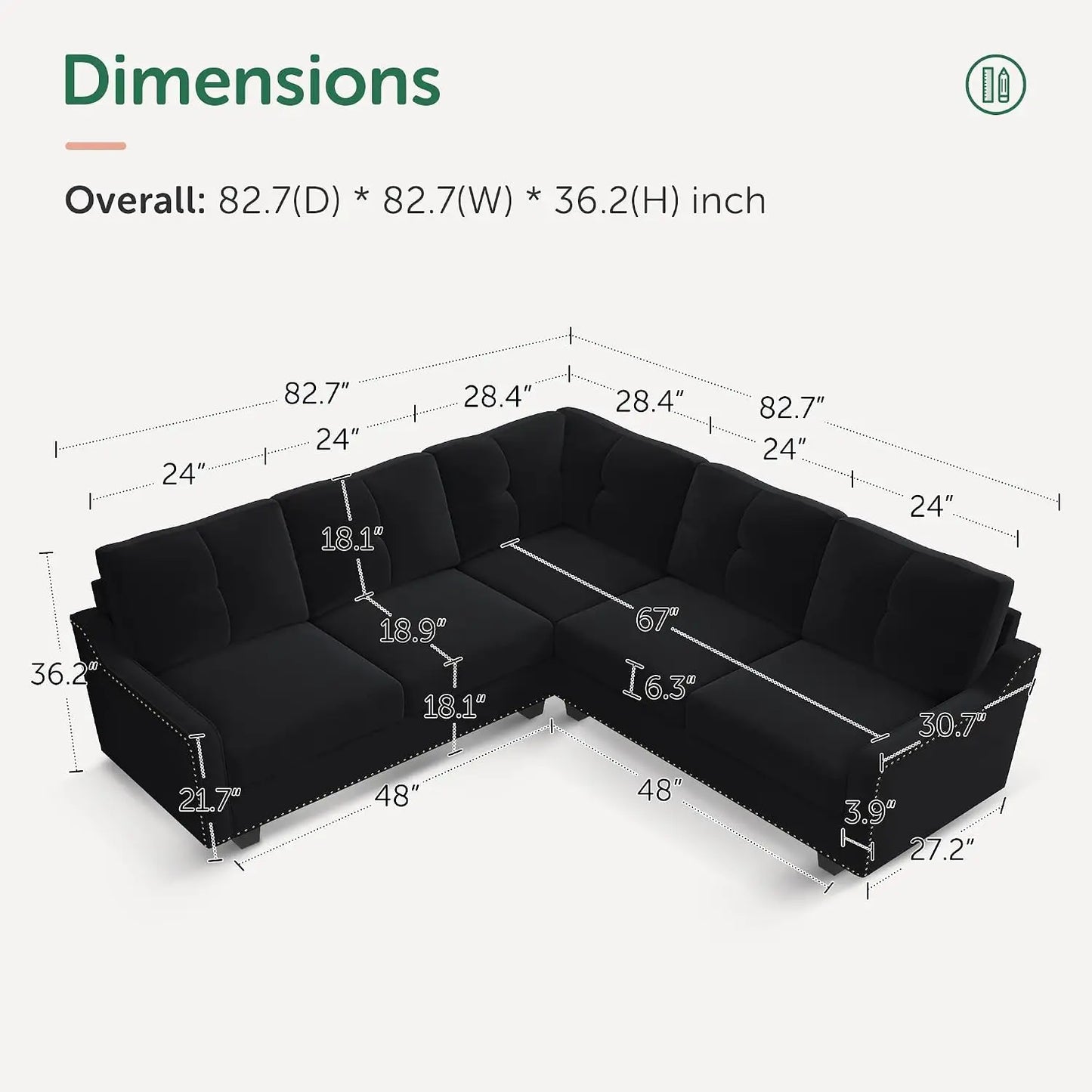 Convertible Sectional Sofa L Shaped Couch,Velvet Black, Custom