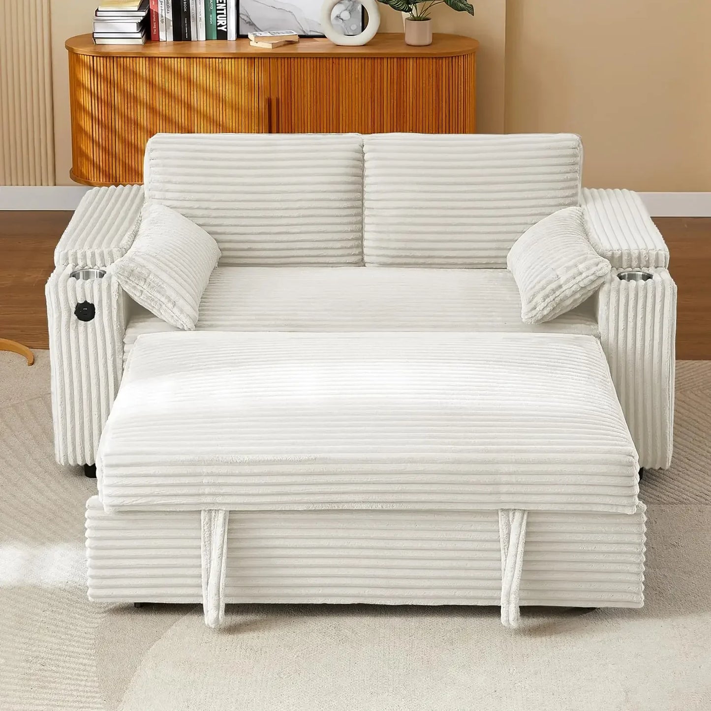 hansones 65'' 3-in-1 Folding Convertible Sofa Bed, Pullout Sofa, Modern Chenille Fabric, 360° Swivel Side Table, Easy Assembly,