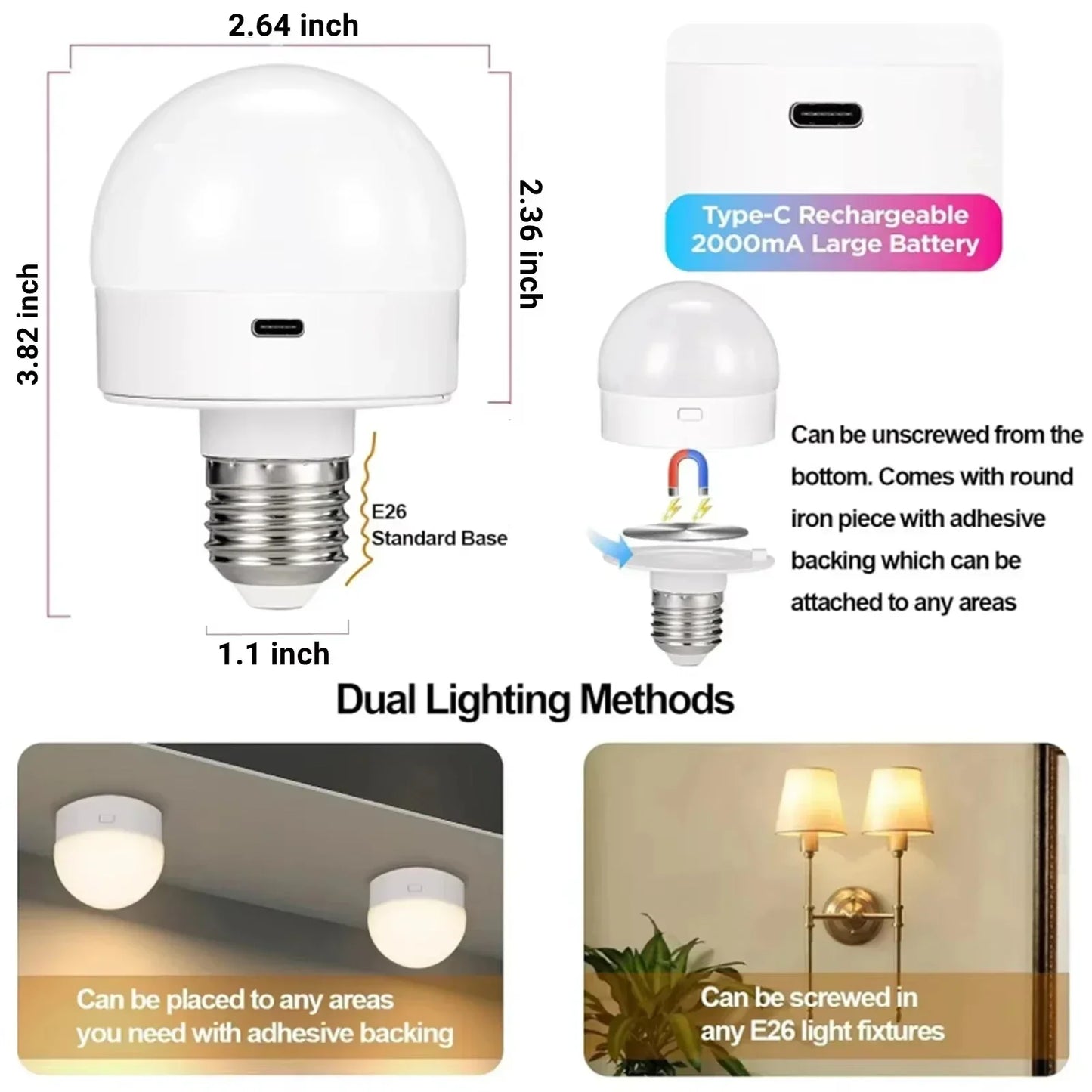 GGbingo Rechargeable LED Smart Bulb E27 USB Control Color Temperature 15 Brightness Levels RGB Timer Function with Remote