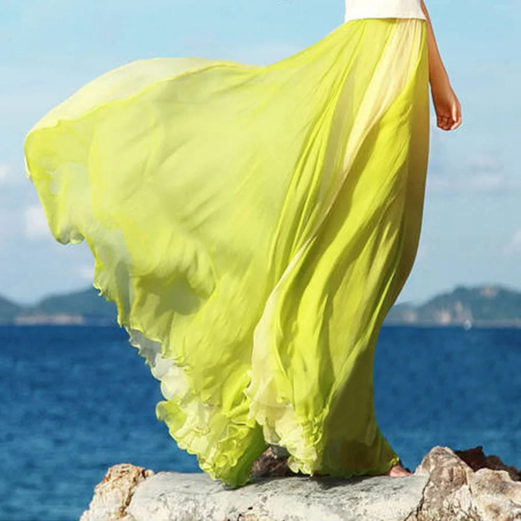 Floor Length Skirt Fashion Full Flowing Circle Color Women Chiffon Bohemian Styel Large Swing Sheer Breath Skirt for Cocktail