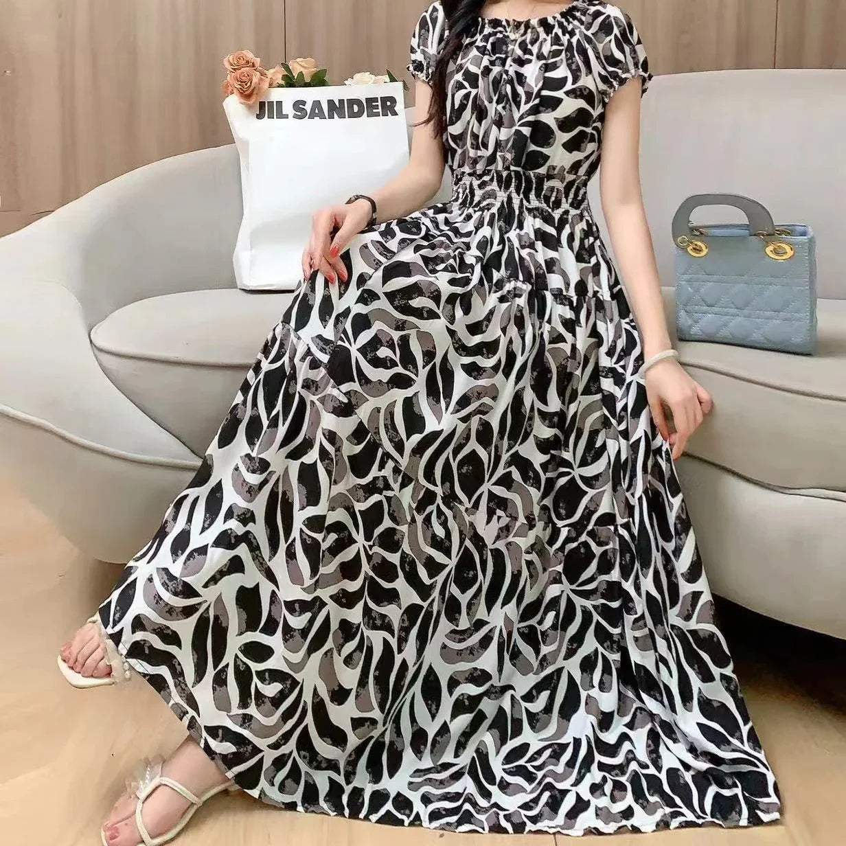 Vintage Bohemian Beach Floral Midi Dress Korean Reviews Many Dress Off Shoulder Elastic Waist Large Swing Women's Elegant Dress