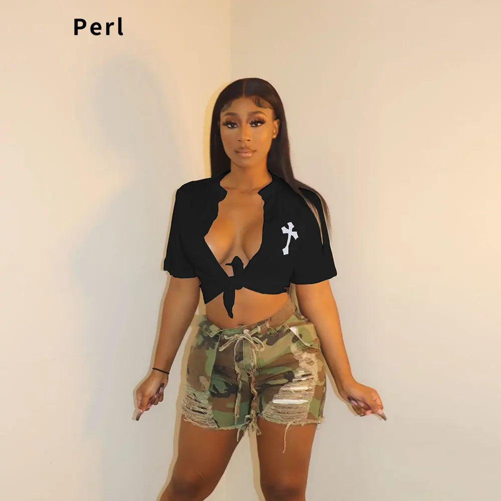Perl White Cross Hollow Out Shirts for Women Summer Short Sleeve Female Clothes Fashion Christianity Pattern Crop Top Casual Tee