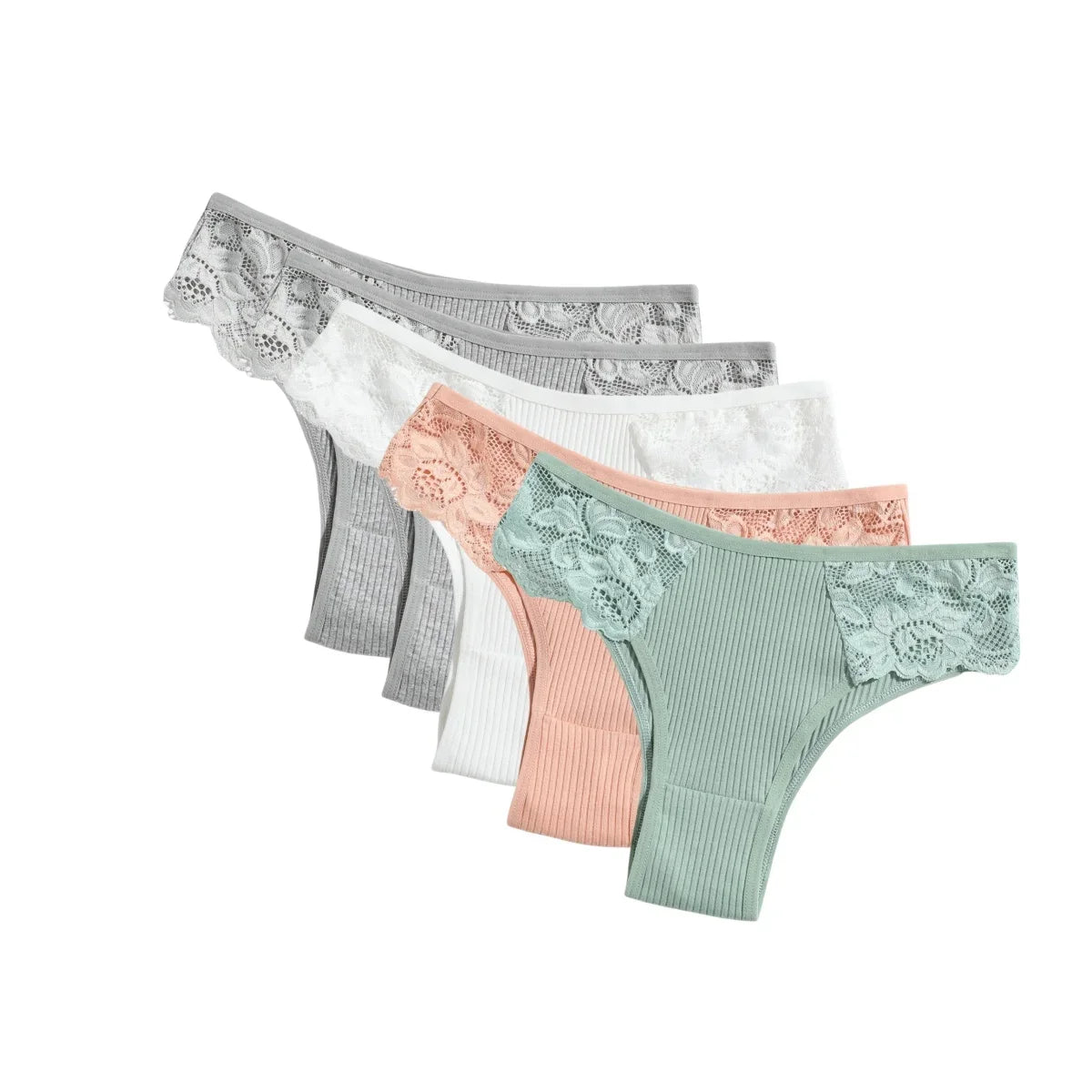 5Pcs/Set Women Cotton Panties Floral Lace Side Panel Low Rise Rib Briefs Low Cut Underwear Comfort Sexy Lingerie Daily Bikini