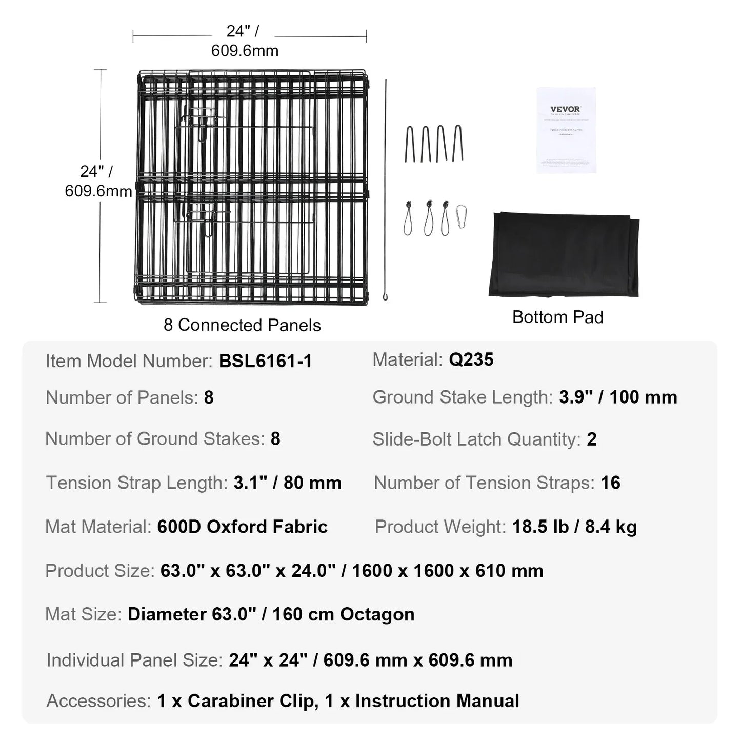 VEVOR Dog Playpen 8 Panels Foldable Metal Dog Exercise Pen Pet Fence with Bottom Pad Cover for Puppy Outdoor Camping Yard Kennel