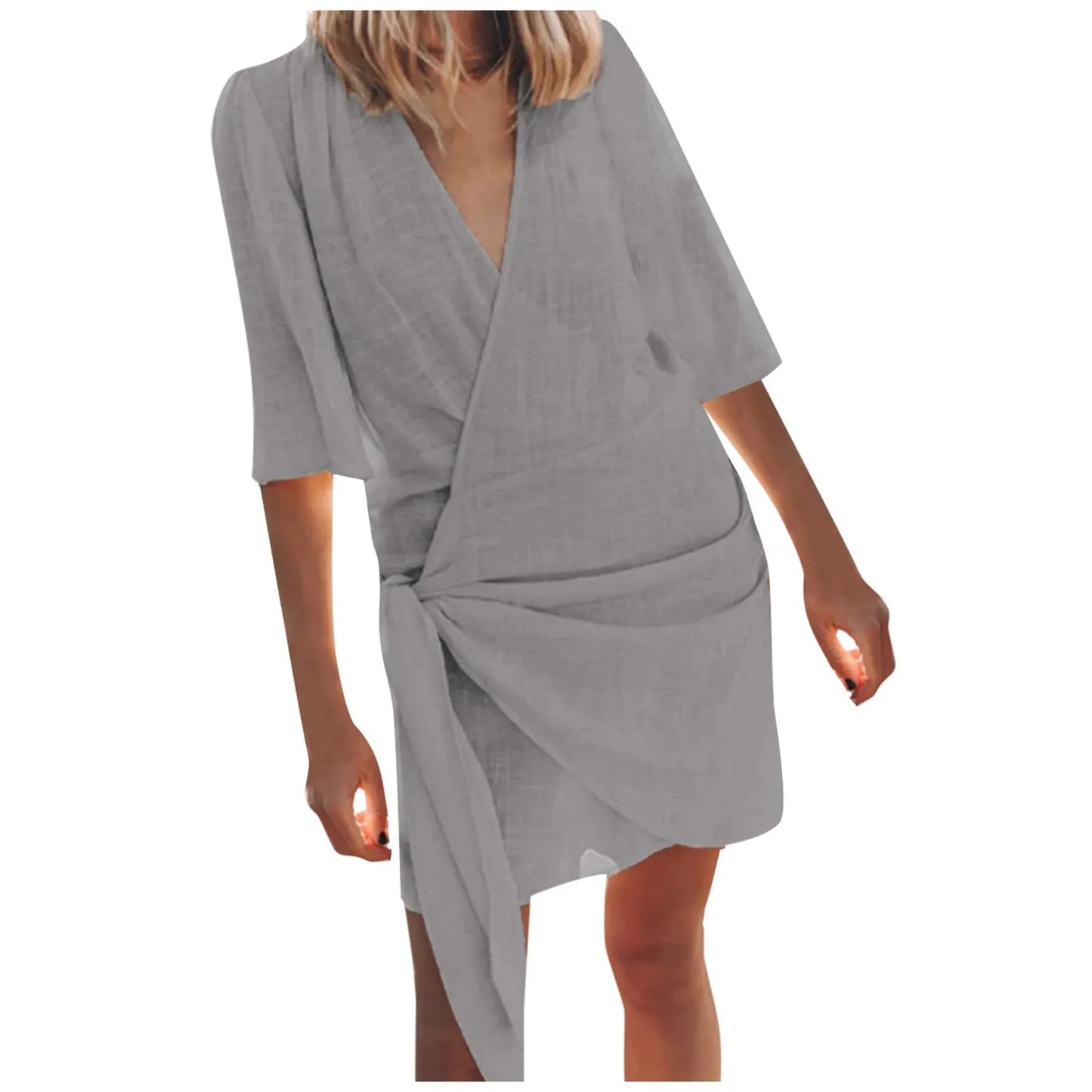 Cotton Linen Dresses Women'S Sexy V Neck Solid Color Pleated Swing Split Mini Dress Party Elegant Chic Vestidos For Womens