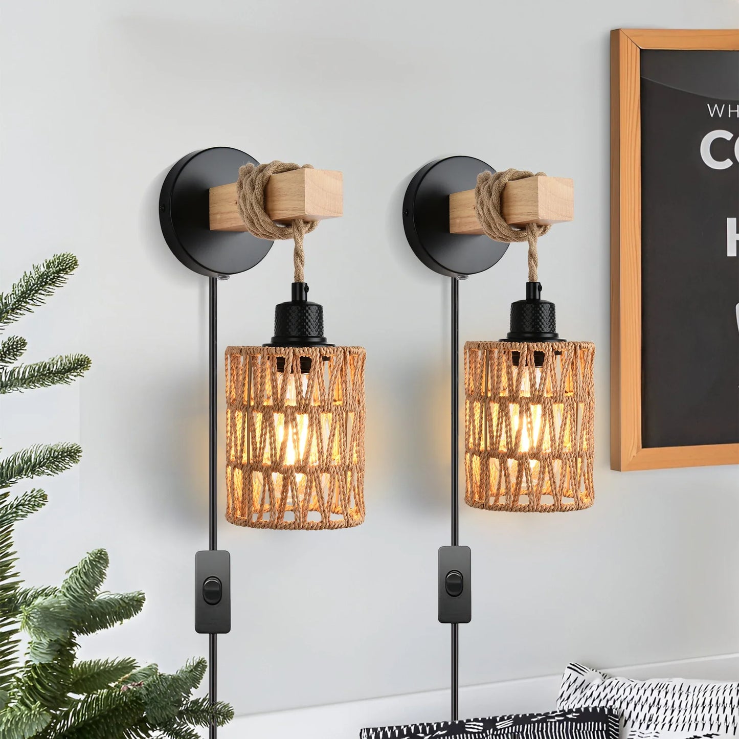 Rattan Wall Sconces Set of Two,Wall Lights with Dimmable, Boho Wall Mount Light Fixtures, Wicker Wall lamp  for Bedroom Nursery