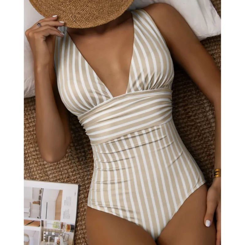 Summer Sexy Striped One Piece Swimsuit Closed Female Swimwear Push Up Body Women's Swim Wear Bathing Suit Beach Pool Bather 2024