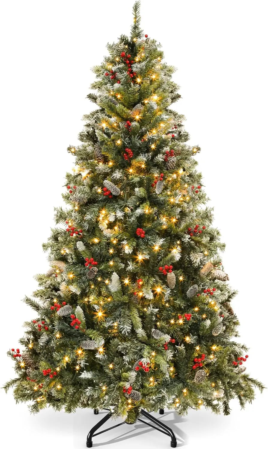 Christmas 6FT Christmas Tree, 818 Plush Frosted Tips, 250 Lights, 58 Pine Cones and 58 Red Berries, Suitable for Holiday Parties