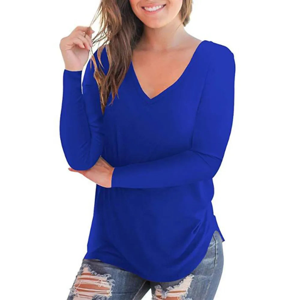 2023 autumn and winter women's clothes solid color primer new style V neck long sleeve women's T-shirt women in stock