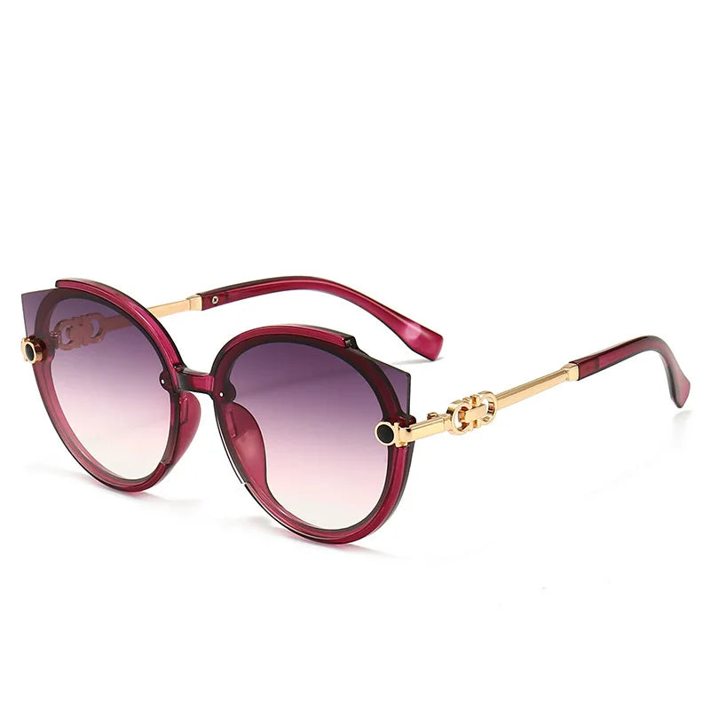2024 New Vintage Cat Eye Round Sunglasses Women's Korean Version Metal Rimless Gradient Sun Glasses Luxury Shades UV400