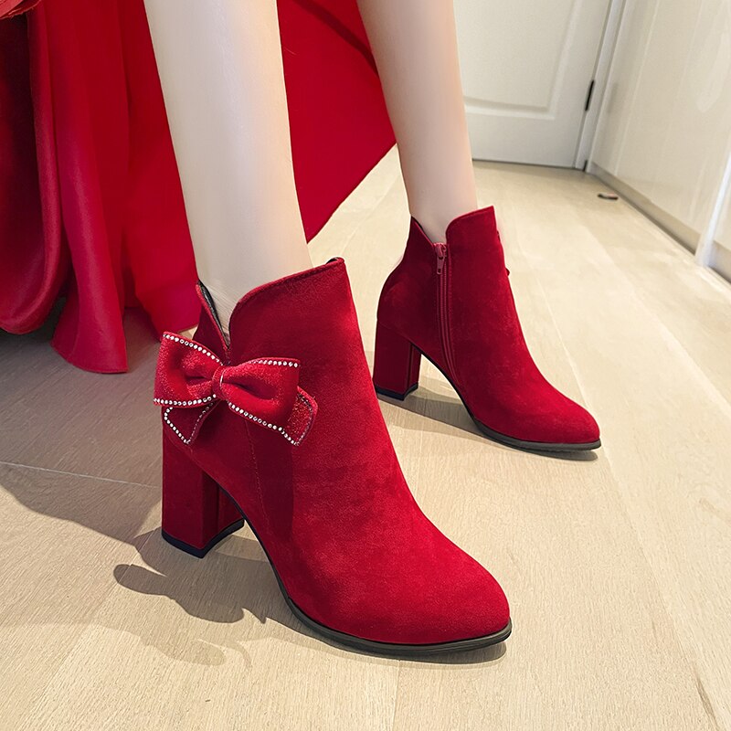 Women's Wedding High Heels Sexy Fashion Bow 2022 Winter New Warm Plush Ankle Boots Zipper Fleece Lined Pointed Toe Botas Mujer