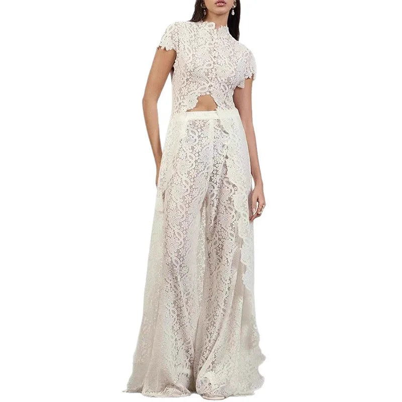 Solid Lace Two Piece Set Round Neck Short Sleeve Cutout Crop Top High Waist Wide Leg Pants 2026 Summer Elegant Party Outfits