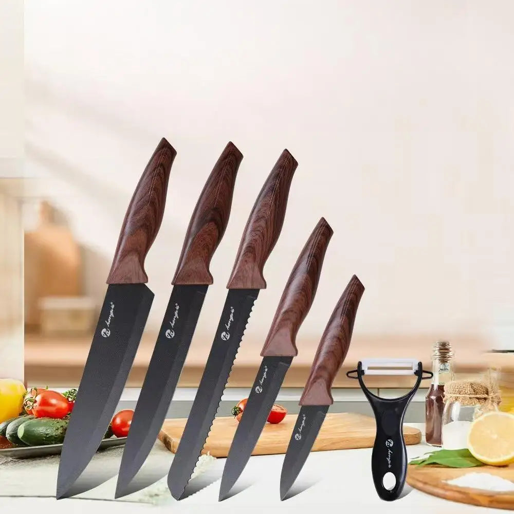 Kitchen knife set, stainless steel non-stick knife, black-edged marble, rose gold six-piece set, 2025 explosion.