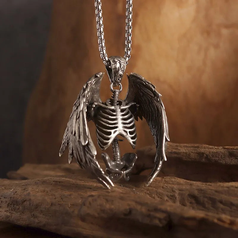 Gothic Wings Grim Reaper Pendant Half Body Skull Necklace Biker Punk Rock Jewelry Halloween Gift